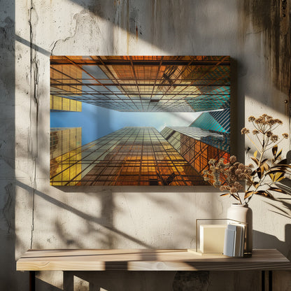 A low-angle, upward view of modern skyscrapers with golden reflective glass windows, creating a geometric pattern against a narrow strip of clear blue sky. Decor