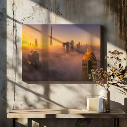 An aerial photograph of the Dubai skyline shrouded in a thick blanket of fog at sunrise. The warm golden light illuminates the tops of several skyscrapers, including the Burj Khalifa, which pierce through the clouds creating a dreamlike and majestic scene. Print