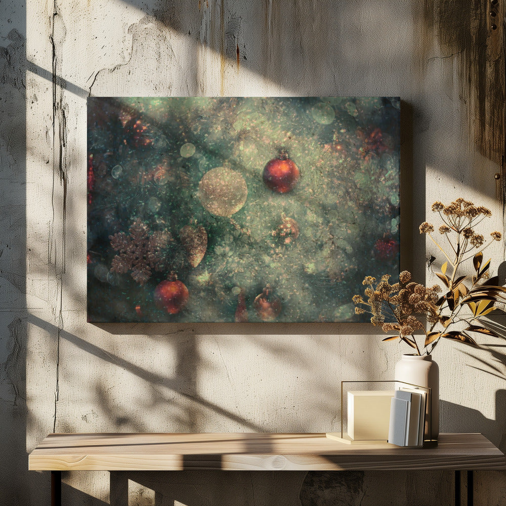 A vintage-style, textured image of Christmas ornaments on a tree, including red and gold baubles and a snowflake. The artwork has a grunge, distressed feel with soft bokeh lights and is presented in a silver frame. Poster