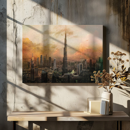 An artistic, textured depiction of the Dubai skyline, with the Burj Khalifa towering over the cityscape against a hazy, orange and yellow sky. Wall Art