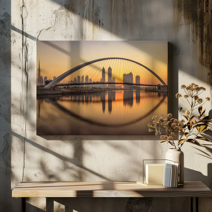 A panoramic photograph of the Dubai skyline at sunrise, viewed from across the water. A large, modern arched bridge spans the canal in the foreground, and its reflection creates a perfect oval shape in the calm water. In the background, skyscrapers, including the Burj Khalifa, are silhouetted against a glowing orange and yellow sky. The entire scene is presented within a silver picture frame. Wall Art