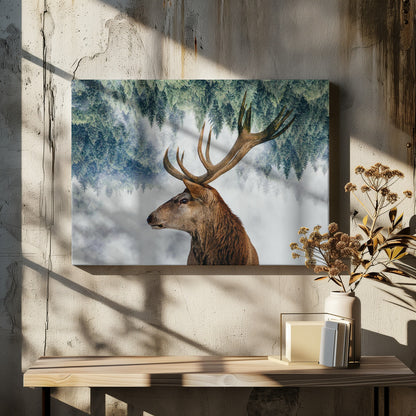 A surreal double-exposure style image featuring the profile of a brown stag with large antlers. The top half of the image is an inverted green pine forest that blends into a foggy, light grey background surrounding the deer. The entire artwork is presented within a silver frame. Poster