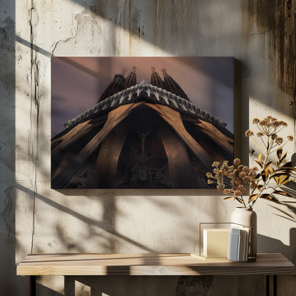 A dramatic, low-angle shot of the Sagrada Familia cathedral, focusing on the intricate details of the Passion Facade against a dusky purple and orange sky. The spires tower above, while deep shadows highlight the unique, angled columns and the central sculpture of the crucifixion. Poster