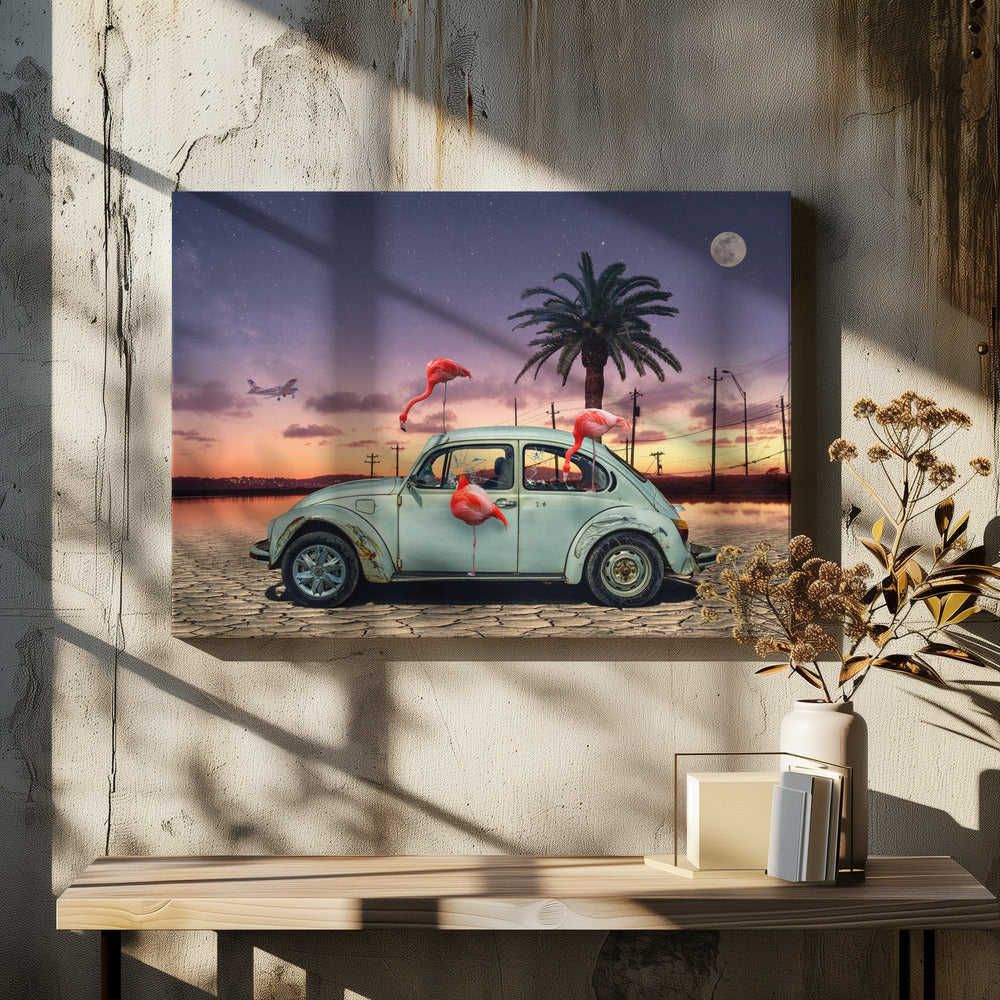 A surreal digital art piece featuring a vintage light blue Volkswagen Beetle abandoned on a cracked desert floor. Three vibrant pink flamingos are interacting with the car, which has shattered windows. The background shows a dramatic transition from an orange sunset over water to a deep purple, star-filled night sky with a large full moon and a distant airplane. Decor