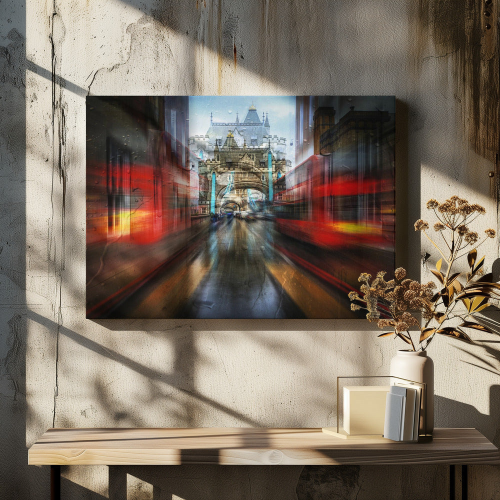 An abstract, motion-blurred digital art piece depicting a view of London's Tower Bridge down a wet street, framed by the red streaks of passing double-decker buses, creating a dynamic and rainy city atmosphere, all enclosed in a silver frame. Poster