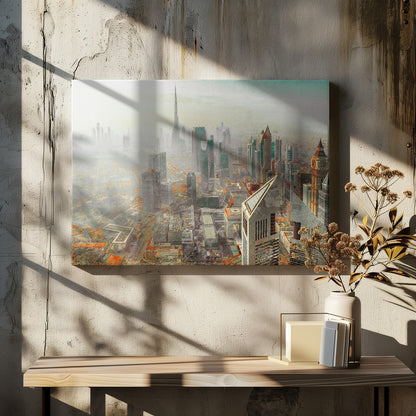 A framed piece of art showing a hazy, high-angle view of the Dubai skyline, with the Burj Khalifa towering in the background. The cityscape is rendered in muted tones of grey and teal, with striking orange accents on the ground, creating a surreal, artistic effect. Print
