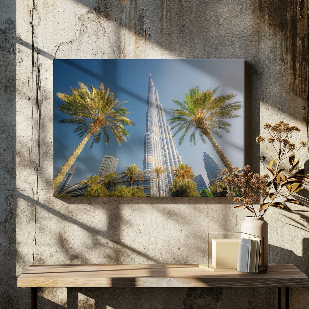 A low-angle photograph looking up at the towering Burj Khalifa skyscraper in Dubai, framed by two large palm trees against a clear, vibrant blue sky. Wall Art