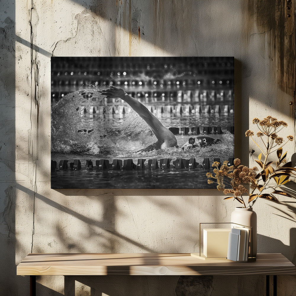 A dramatic black and white action photograph of a competitive swimmer mid-stroke, captured within a silver frame. The swimmer's arm is extended forward, creating a powerful splash of water. The focus is on the motion and intensity of the sport, with the pool's lane lines blurred in the background. Wall Art