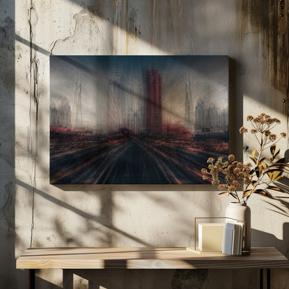 An abstract, moody cityscape artwork in a silver frame. The perspective is from a low angle looking down dark, blurred tracks towards a horizon of towering, distorted skyscrapers under a dark, hazy sky. The color scheme is dominated by dark grays, blacks, and pops of intense red, creating a sense of rapid motion and a dystopian, futuristic atmosphere. Artwork