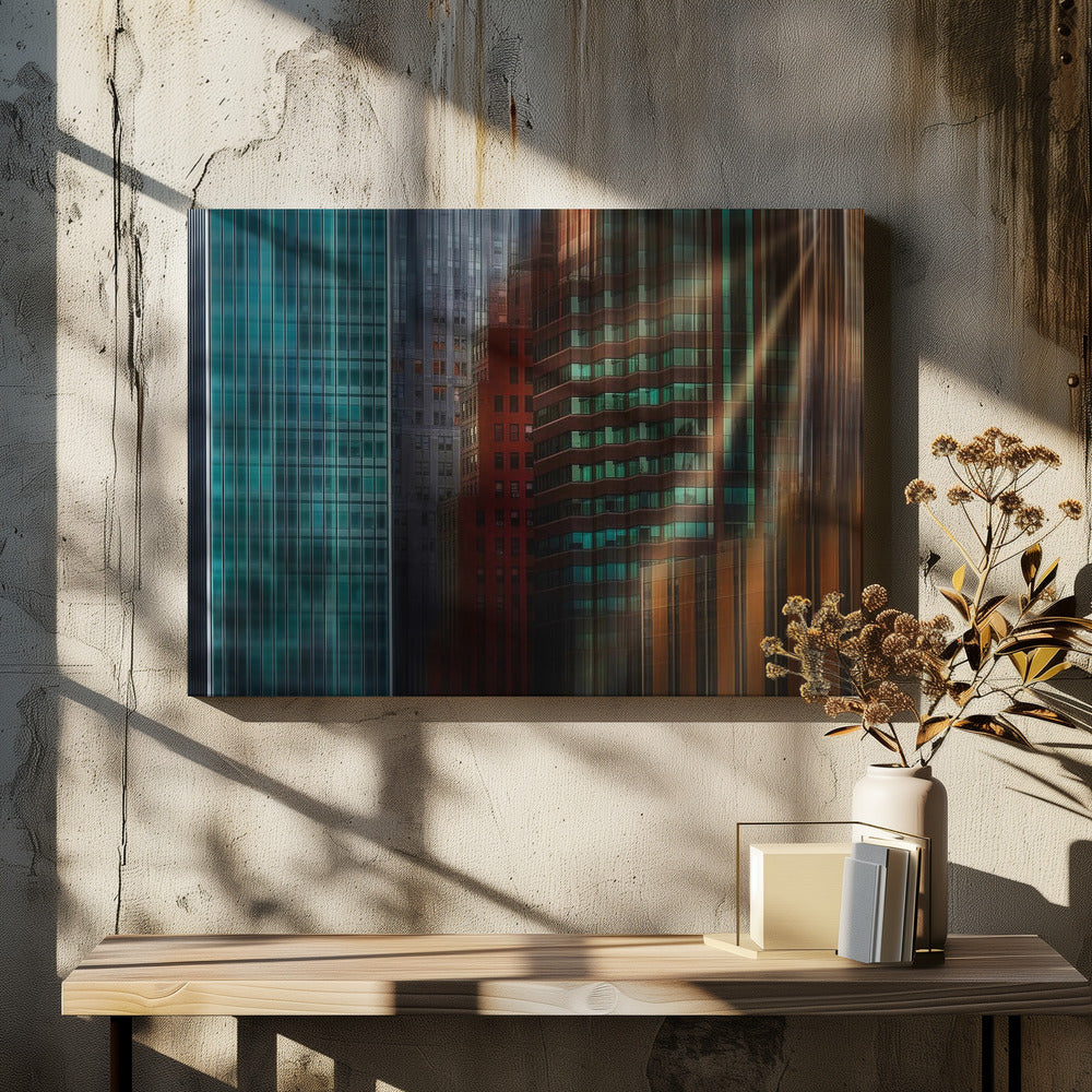 An abstract cityscape artwork in a silver frame, featuring a teal glass skyscraper on the left transitioning to red and brown buildings on the right with a strong vertical motion blur effect, creating a dynamic sense of movement. Decor