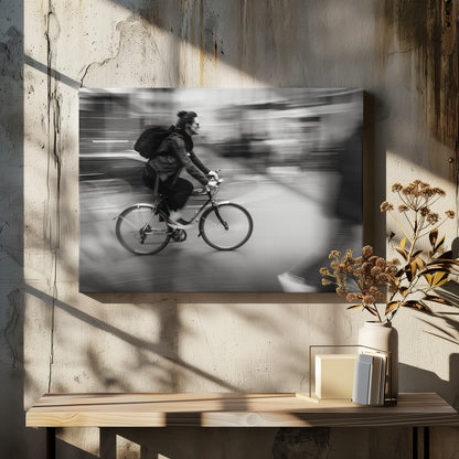 A dynamic black and white photograph capturing a person in profile as they cycle swiftly through a city. The background is a motion blur of urban scenery, highlighting the cyclist's speed. The individual wears a leather jacket, sunglasses, a backpack, and has their hair tied up. The artwork is enclosed in a silver frame. Wall Art