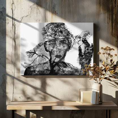 A surreal black and white double exposure artwork in a silver frame. The image combines a close-up portrait of a person's face with the intricate silhouette of bare, branching trees against a white background, creating a complex and thought-provoking visual. Poster