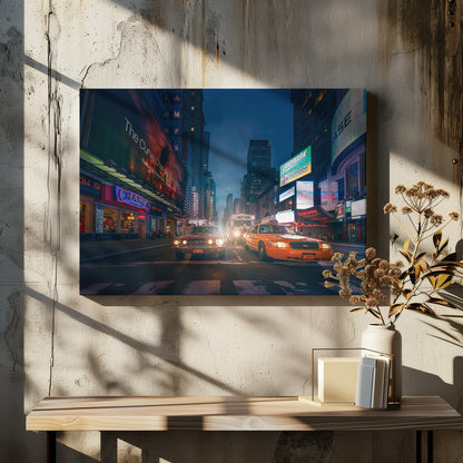 A cinematic night-time view of a busy city street, likely Times Square, with a vintage red muscle car and a yellow taxi cab side-by-side in the foreground, surrounded by towering skyscrapers and glowing neon billboards. Artwork