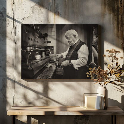 A sepia-toned, framed photograph of an elderly barista with white hair, wearing a vest, as he skillfully prepares an espresso. He is focused on his task, tamping the coffee grounds with a gentle smile, standing next to a large, vintage-style espresso machine in a cozy cafe setting. Print