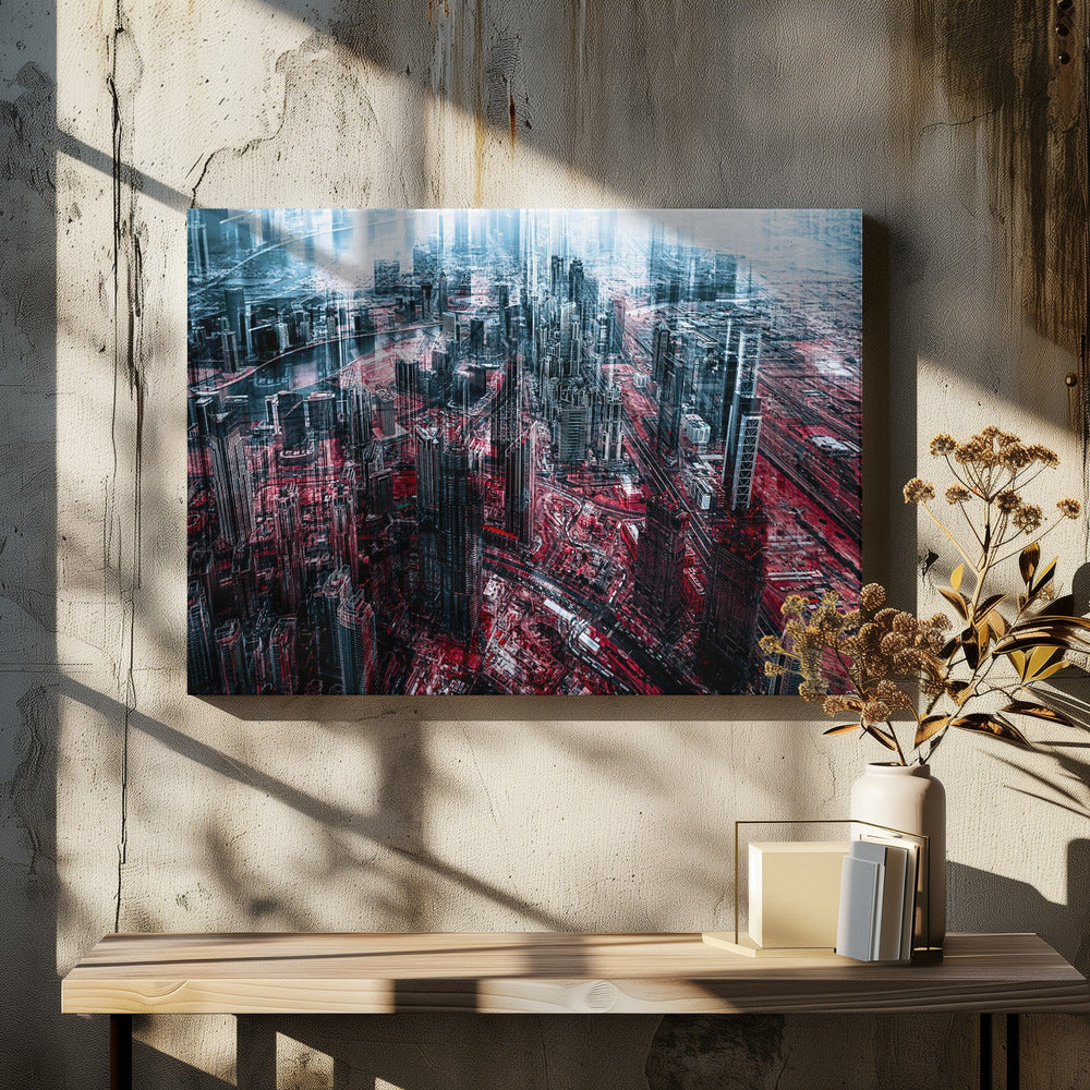 An abstract, digitally manipulated aerial photograph of a dense, futuristic cityscape. The image features towering skyscrapers in cool blue and dark gray tones, while the streets and ground below are saturated in a vibrant, contrasting red. The artwork has a glitchy, multi-exposure effect, creating a sense of dynamic chaos, and is enclosed in a silver frame. Artwork