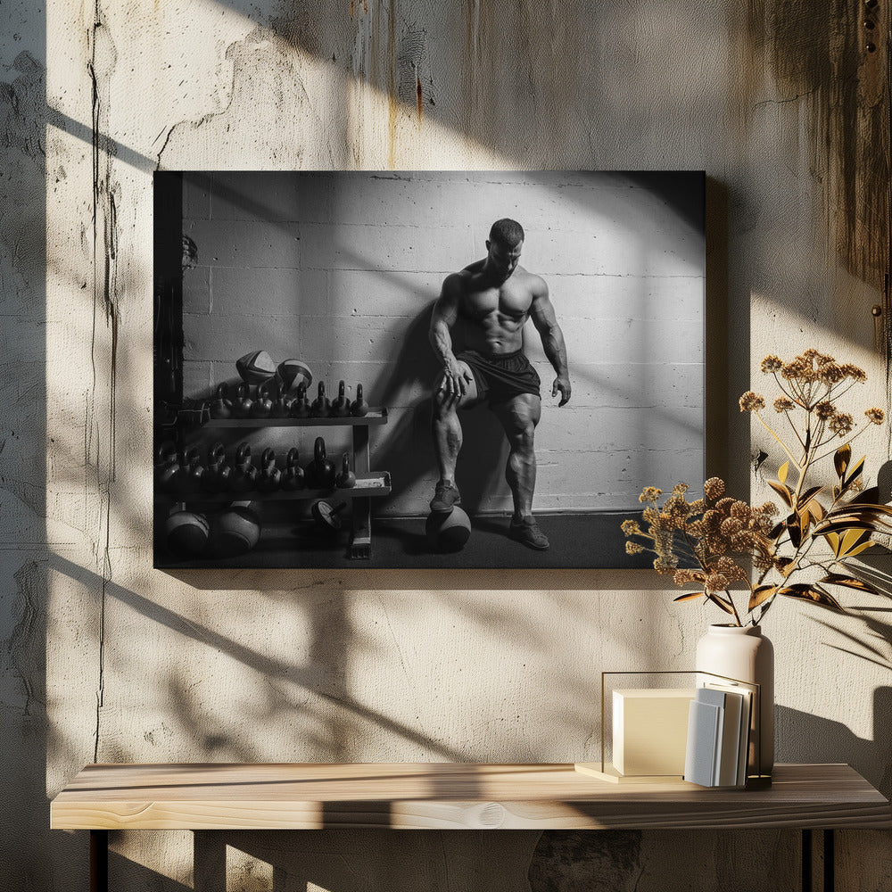 A dramatic black and white photograph of a shirtless, muscular bodybuilder posing in a gym. He leans against a cinder block wall with one foot propped on a medicine ball, his chiseled physique and defined muscles highlighted by intense lighting. Racks of kettlebells are visible in the background. Wall Art