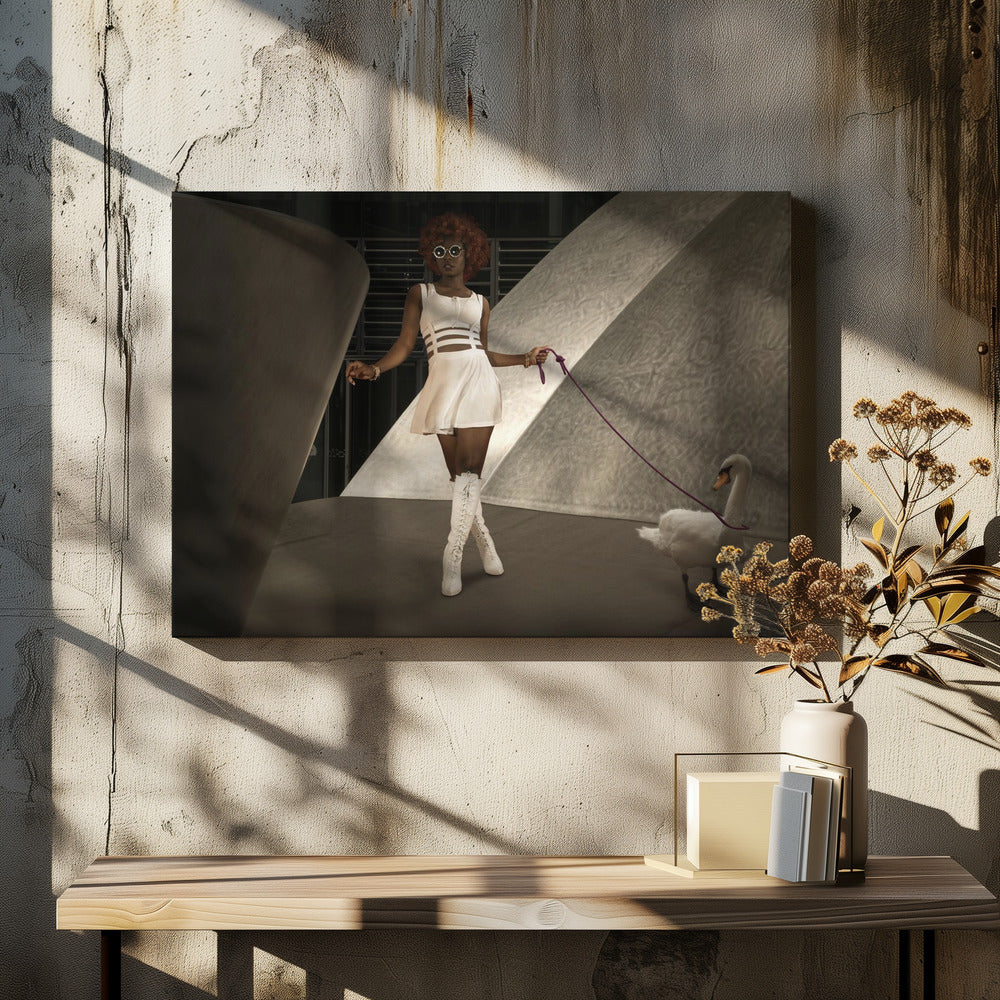 A stylish Black woman with a red afro, wearing a white cut-out dress, round sunglasses, and white knee-high boots, holds a purple leash attached to a white swan as they walk through a modern architectural setting with dramatic lighting. Wall Art