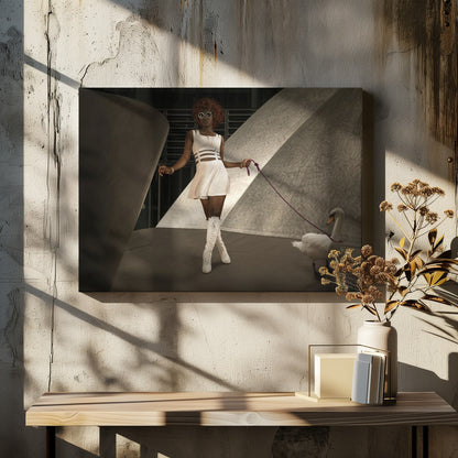 A stylish Black woman with a red afro, wearing a white cut-out dress, round sunglasses, and white knee-high boots, holds a purple leash attached to a white swan as they walk through a modern architectural setting with dramatic lighting. Wall Art