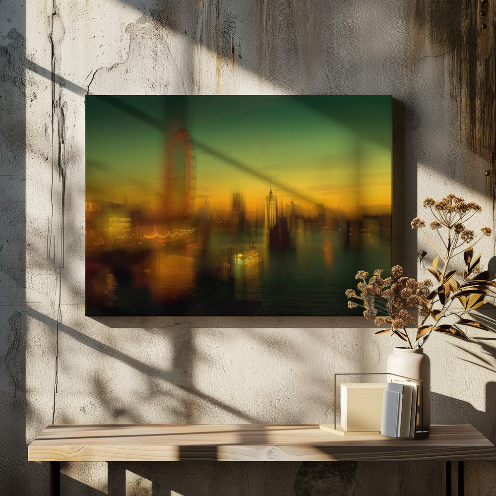 A dreamlike, blurred photograph of the London skyline at dusk, with the glowing orange London Eye on the left and the hazy silhouette of the Houses of Parliament across the River Thames. The sky shifts from a deep green to a warm golden yellow, and the city's lights cast shimmering reflections on the water. Decor