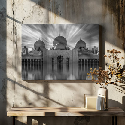 A stunning black and white long-exposure photograph of a grand mosque with multiple domes, reflected perfectly in calm water. The sky above is dramatic, with clouds streaking outwards, and the image is presented in a silver frame. Decor