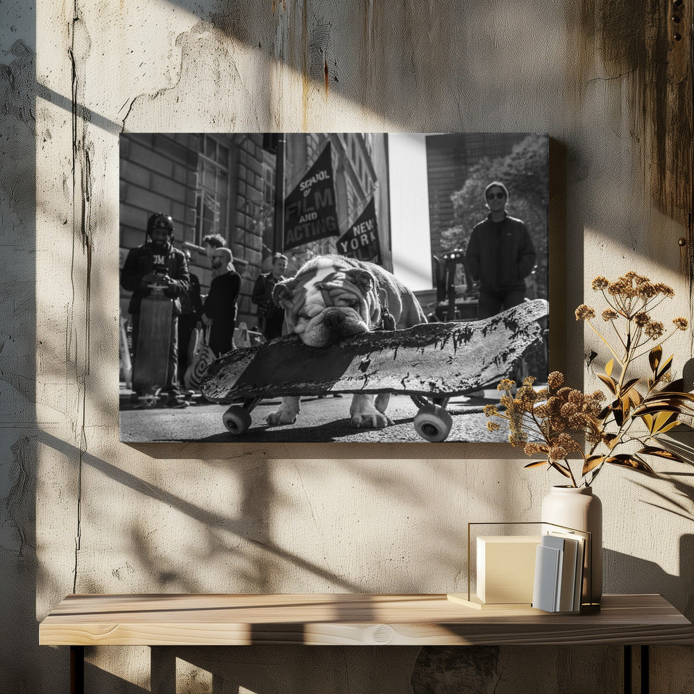 A low-angle, black and white photograph of a tired-looking English bulldog resting its chin on a rugged, old skateboard on a city street. In the blurred background, people stand near buildings, and a flag for a 'School of Film and Acting, New York' is visible. Decor