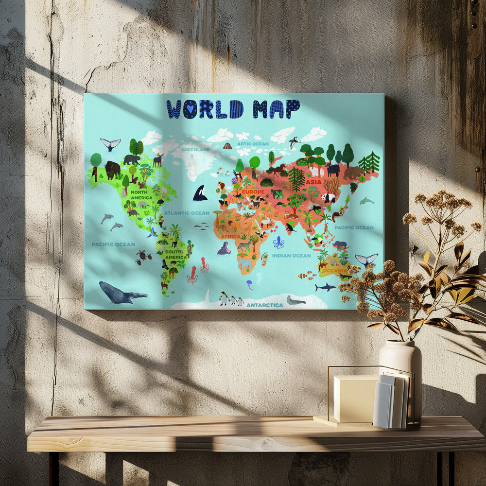 A colorful, illustrated world map for children, featuring continents populated with their native animals and plants. The map is set against a light blue ocean background with the title 'WORLD MAP' at the top in a playful blue font, all enclosed in a silver frame. Artwork