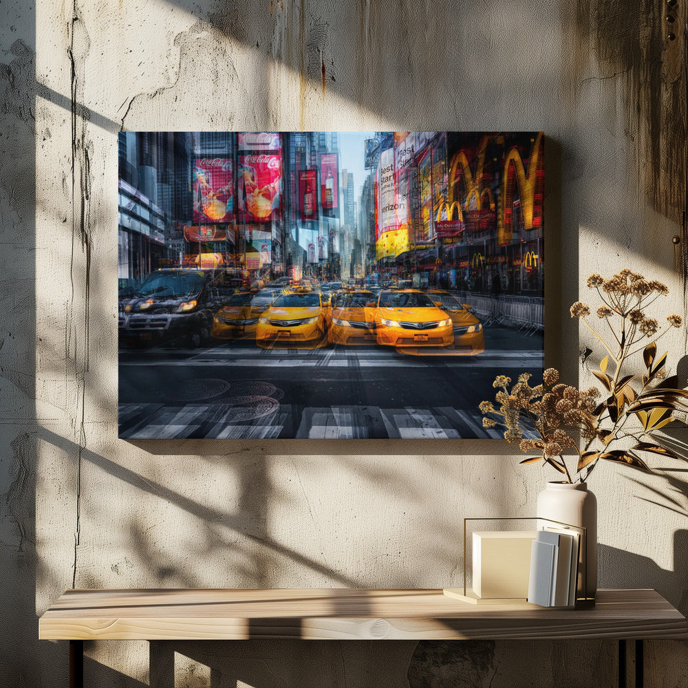 A dynamic multiple-exposure photograph of Times Square in New York City, featuring a line of iconic yellow taxi cabs on a crosswalk. The background is a blur of towering skyscrapers and vibrant, glowing billboards for brands like Coca-Cola and McDonald's, creating a sense of bustling city life and movement. Poster