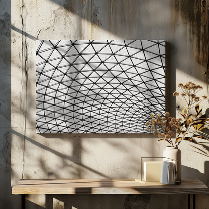 A framed, black and white photograph of a modern architectural dome ceiling. The image is a close-up, looking up at the intricate metal framework that creates a repeating pattern of triangles against the bright glass panels. Poster