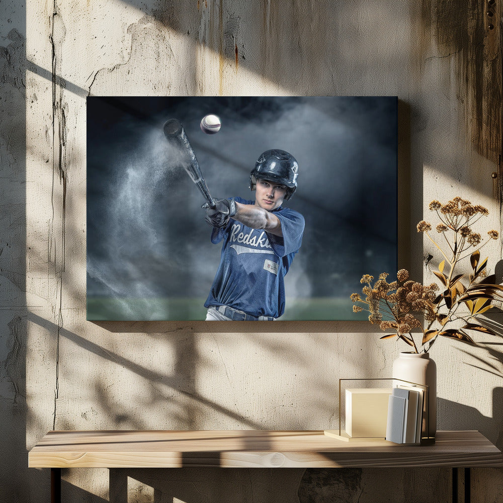 A dramatic, framed portrait of a young baseball player in a blue jersey and helmet, captured in the moment of hitting a baseball, with a cloud of dust exploding from the bat against a dark, smoky background. Poster