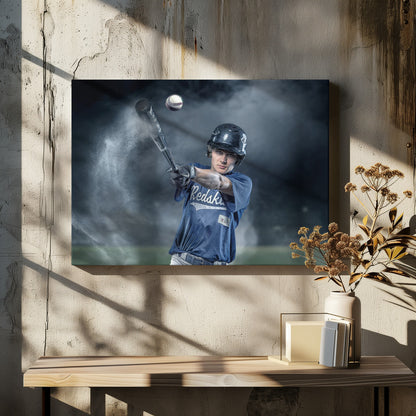A dramatic, framed portrait of a young baseball player in a blue jersey and helmet, captured in the moment of hitting a baseball, with a cloud of dust exploding from the bat against a dark, smoky background. Poster