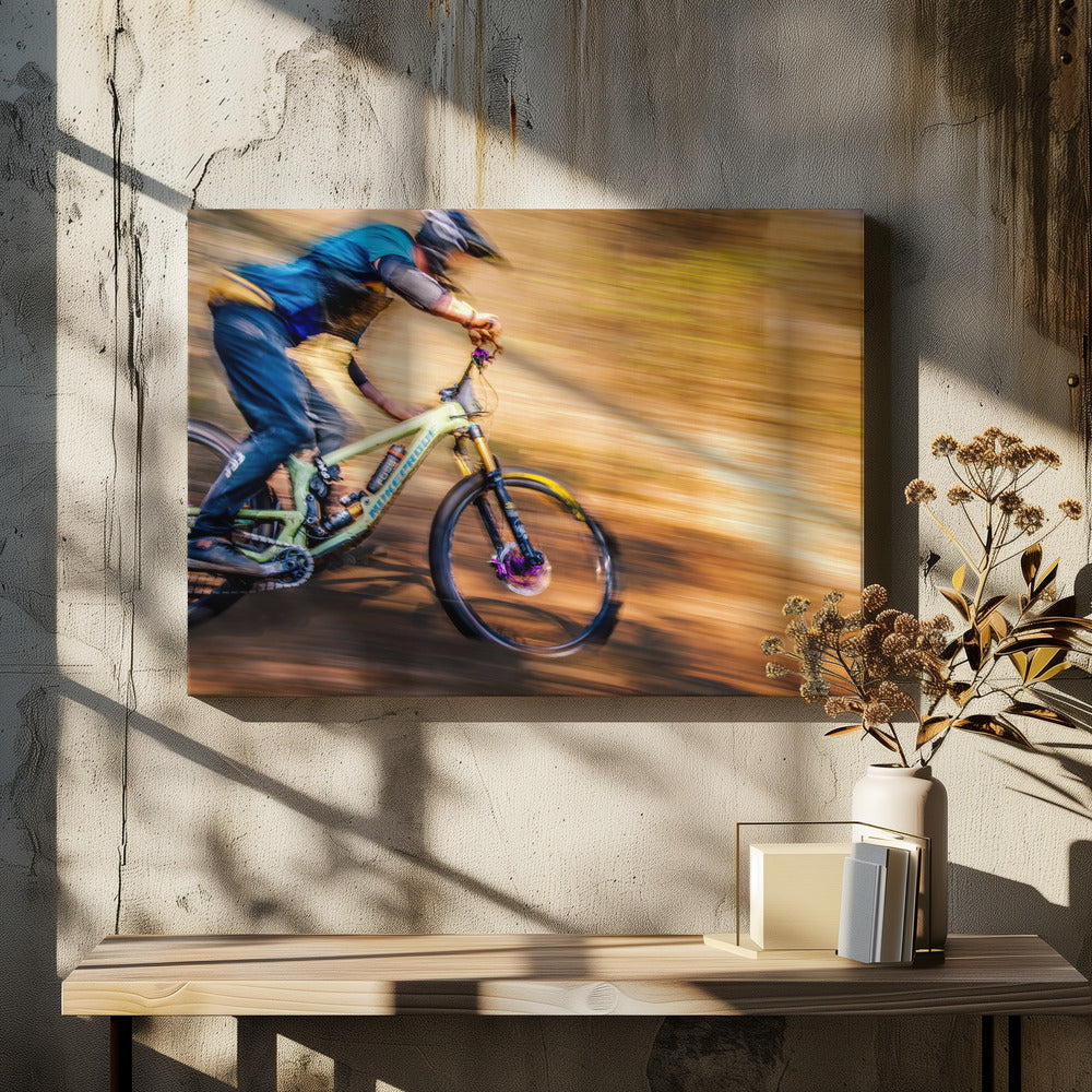 An action shot of a mountain biker in full gear speeding down a dirt trail, captured with a motion blur effect that streaks the brown and green background, conveying a sense of intense speed. Poster