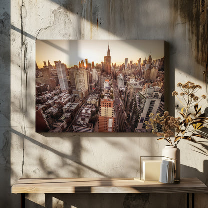 An aerial photograph of the New York City skyline at sunset, with the Empire State Building prominent against the glowing sky. The warm light of the setting sun bathes the dense urban landscape in a golden hue. The entire scene is enclosed in a silver, brushed metal frame. Print