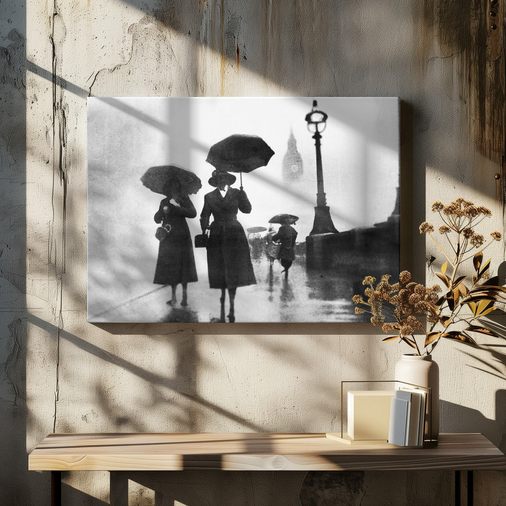 A vintage black and white photograph of people with umbrellas walking on a wet, foggy day in London. The silhouettes of the people are dark against the misty background, where the faint outline of Big Ben and a street lamp are visible. Wall Art