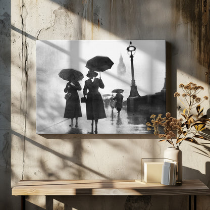 A vintage black and white photograph of people with umbrellas walking on a wet, foggy day in London. The silhouettes of the people are dark against the misty background, where the faint outline of Big Ben and a street lamp are visible. Wall Art