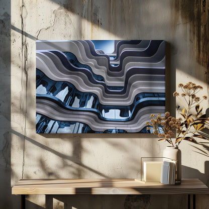 A low-angle view of a modern building with a striking, wavy facade. Alternating bands of light and dark grey create a fluid, ribbon-like pattern, with curved glass windows reflecting the deep blue sky. Artwork