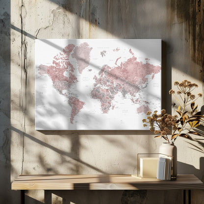 A framed world map with continents depicted in a watercolor style using shades of dusty rose pink and grey. The oceans are white, and the entire map is detailed with black text for country and city names, enclosed in a light grey frame. Poster