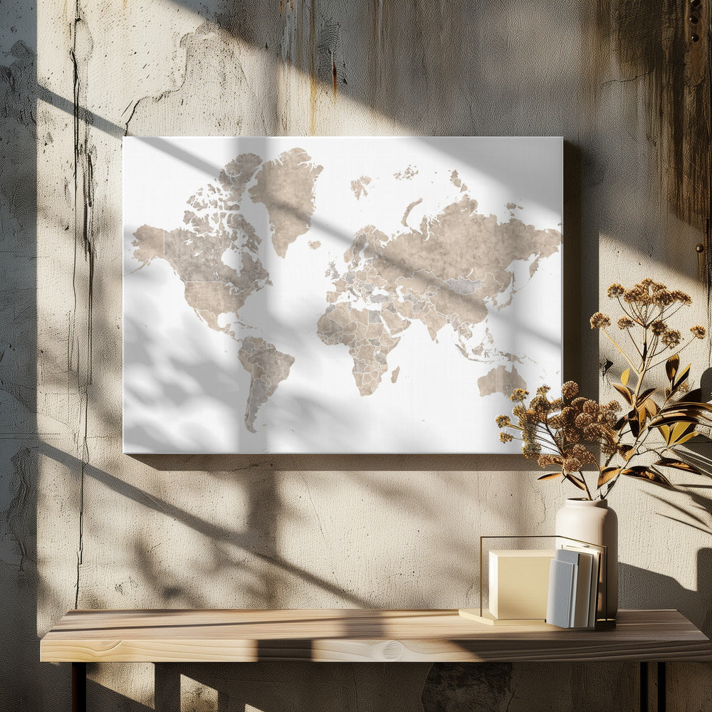 A detailed world map poster, 'Abey världskarta', depicting continents, oceans, and country borders. Artwork