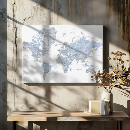 A framed world map presented in a modern, watercolor style. The continents are rendered in shades of dusty blue and cool gray against a crisp white background. All text, including countries and oceans, is in Spanish. The entire piece is enclosed in a simple, light gray frame. Poster