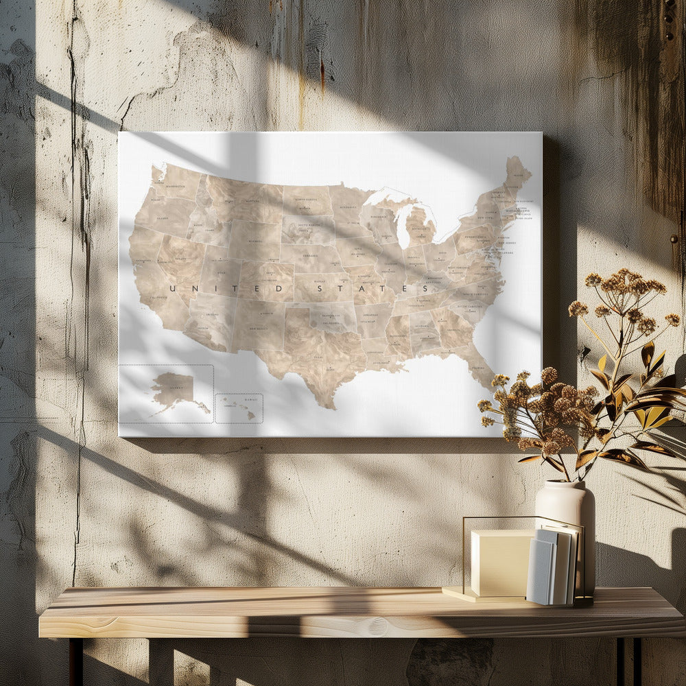 A framed map of the United States with a textured, marbled design in shades of brown and tan. Each state is outlined and labeled, and the words 'UNITED STATES' are displayed across the center. Alaska and Hawaii are shown in separate insets. The map is set against a white background and enclosed in a light gray frame. Artwork