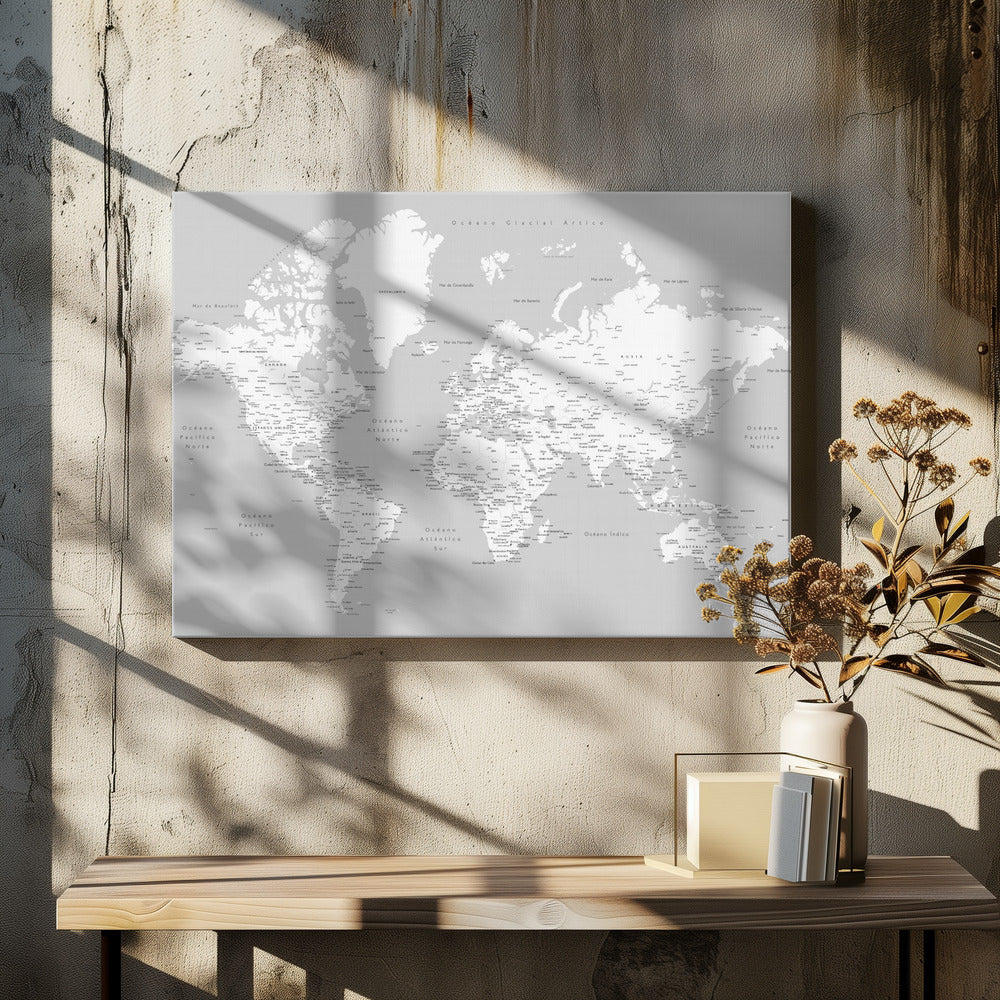 A detailed world map in Spanish with a monochromatic color scheme, framed in a light gray wooden frame. The continents are shown in white on a light gray ocean background, with countries and numerous cities labeled in black text. Artwork
