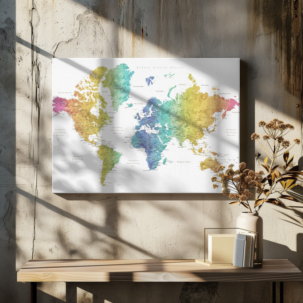 A colorful world map with a watercolor texture, framed in a light gray frame. The continents are shaded with a rainbow gradient, transitioning from pink and orange on the left to yellow, green, and blue in the center, and back to yellow and orange on the right. The oceans are white, and the map features geographical labels in Spanish. Wall Art