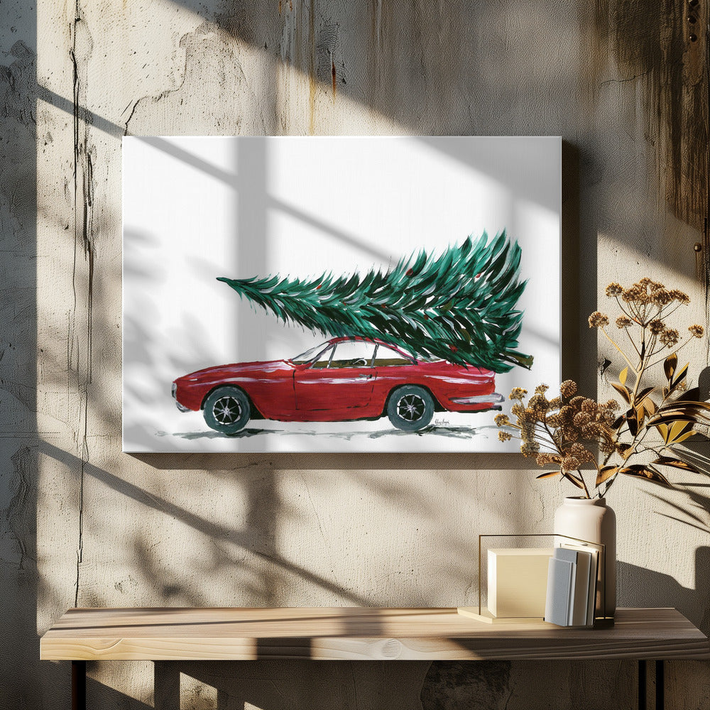 A festive painting of a vintage red sports car with a large green Christmas tree tied to its roof. The car is depicted in profile against a plain white background, and the artwork is displayed in a simple silver frame. Decor