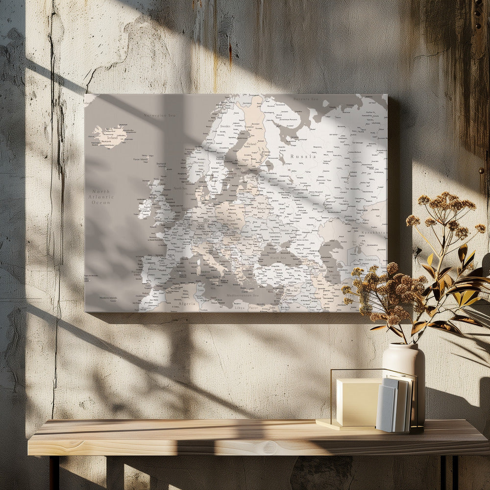 A detailed political map of Europe presented in a muted color scheme of beige and grey. The map, which includes parts of North Africa and Western Asia, is displayed in a simple silver-colored frame. Poster