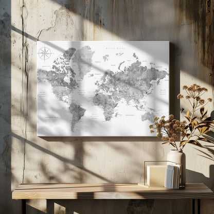 A framed, modern world map presented in a monochrome palette of black, white, and various shades of gray. The landmasses feature a detailed, textured design, set against a clean white background for the oceans. A compass rose is visible in the top left corner. The map is enclosed within a simple, light gray frame. Poster