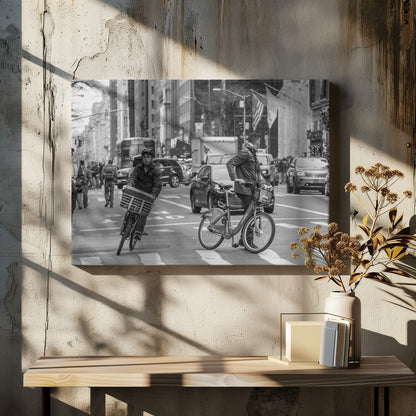 A black and white street photograph of a busy city intersection, framed in silver. In the foreground, two men are crossing with their bicycles amidst traffic, with one cyclist looking directly at the camera. Tall buildings and other pedestrians line the background, capturing a moment of everyday city life. Artwork