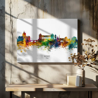 A colorful watercolor skyline of Rome, Italy, featuring famous landmarks. The silhouette is filled with vibrant splashes of yellow, orange, blue, and purple against a white background. The text 'ROME . ITALY .' is centered below the artwork, which is enclosed in a silver frame. Wall Art