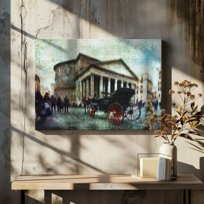 A vintage-style, painterly artwork of the Pantheon in Rome. A horse-drawn carriage with prominent red wheels sits in the foreground on the cobblestone square, with people milling about. The entire image has a textured, weathered appearance. Artwork