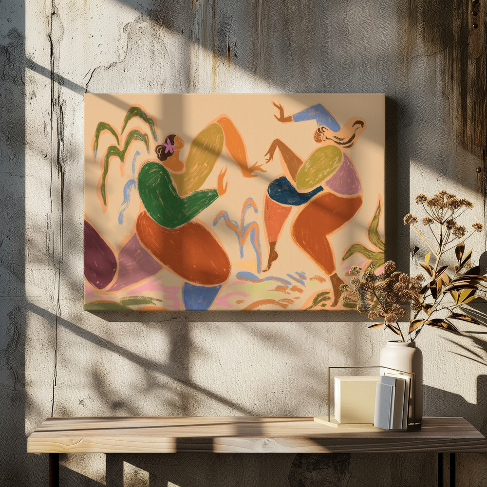 A framed piece of abstract figurative art depicting two women dancing amidst stylized plants. The artwork uses a warm, earthy color palette of beige, green, orange, blue, and purple, rendered in a textured, pastel-like style. The figures are composed of simplified, organic shapes, conveying a sense of joyful movement. Poster