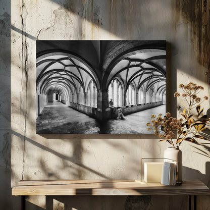 A black and white photograph of a person and their dog sitting in the corner of a Gothic cloister. The stone hallway features a dramatic vaulted ceiling and a long row of arched windows, creating a powerful sense of perspective and light. Decor