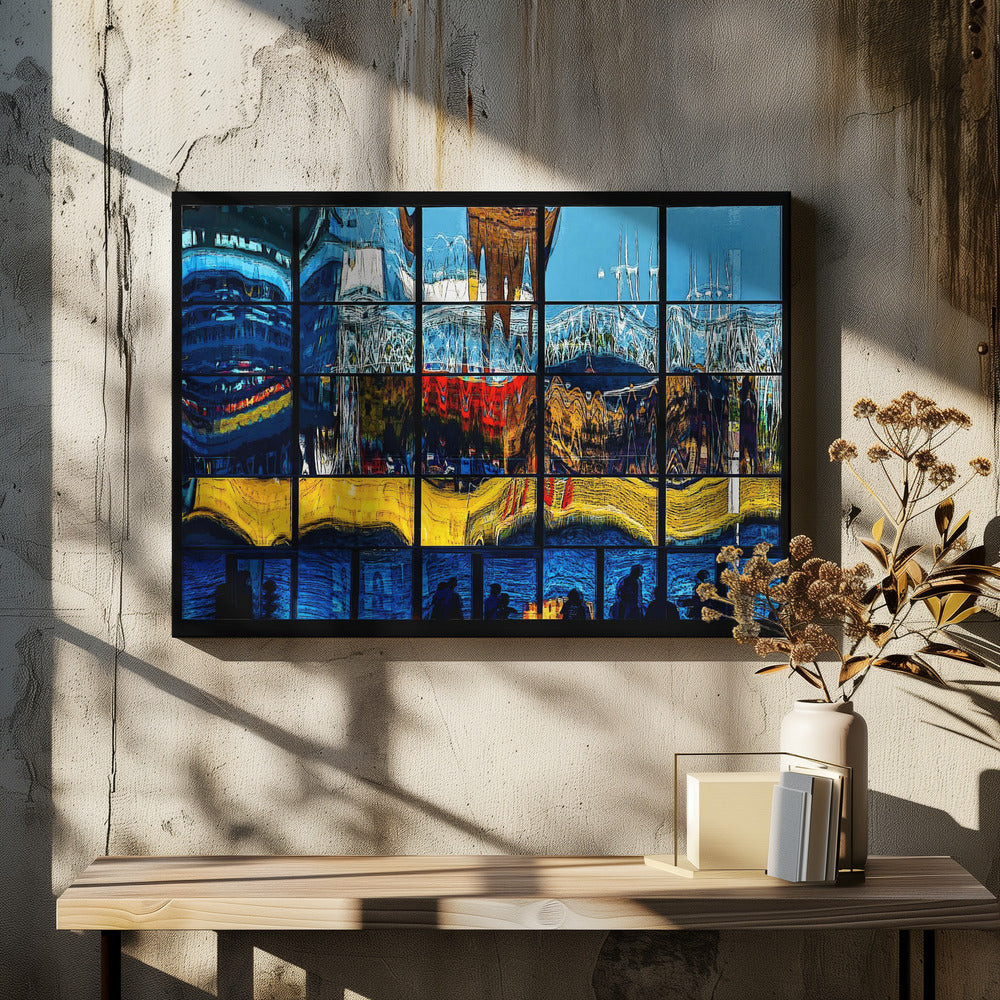 A framed abstract artwork composed of a grid of window panes, each displaying a distorted, colorful reflection of a cityscape. The top sections are dominated by blues and whites, the middle by reds and golds, the next by vibrant yellows, and the bottom row shows silhouettes of people against a deep blue background. Poster